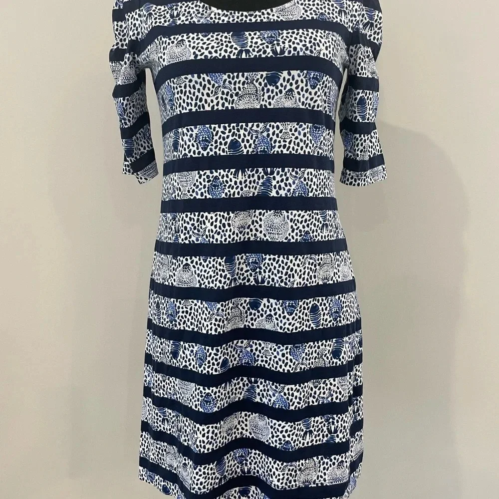 LILLY PULITZER LAJOLLA XS Navy White Fish Heart & Sole Stripe Puff Sleeve Dress - Picture 3 of 8